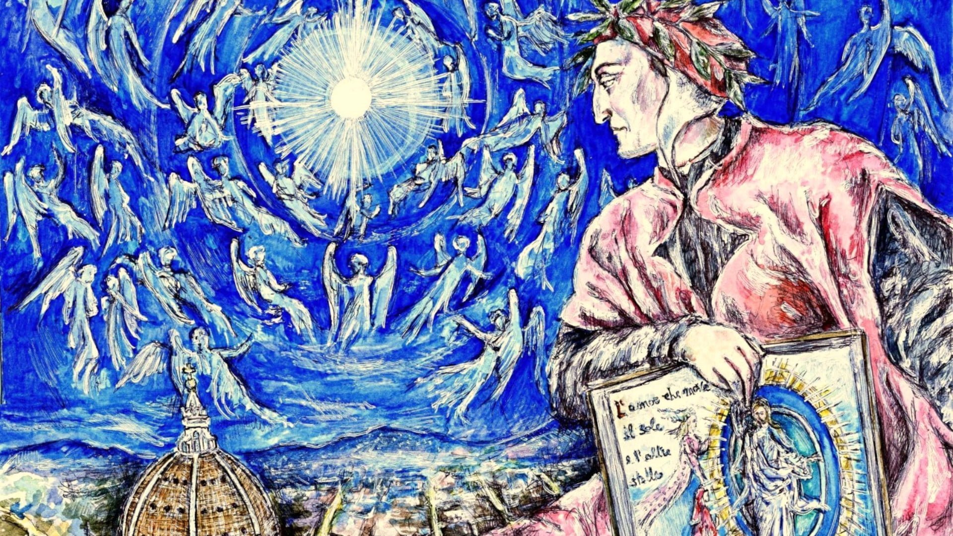 Illustrazione: "Apoteosi di Dante Alighieri a Firenze: l'Amor che move il sole e l'altre stelle", grattage su graphia dell'artista Giovanni Guida, 2020.